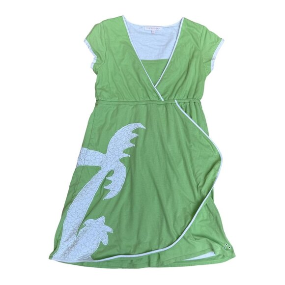 Tori Richard Womens Hawaiian Y2K Faux Wrap Dress Green White Palm Tree L - Picture 1 of 8